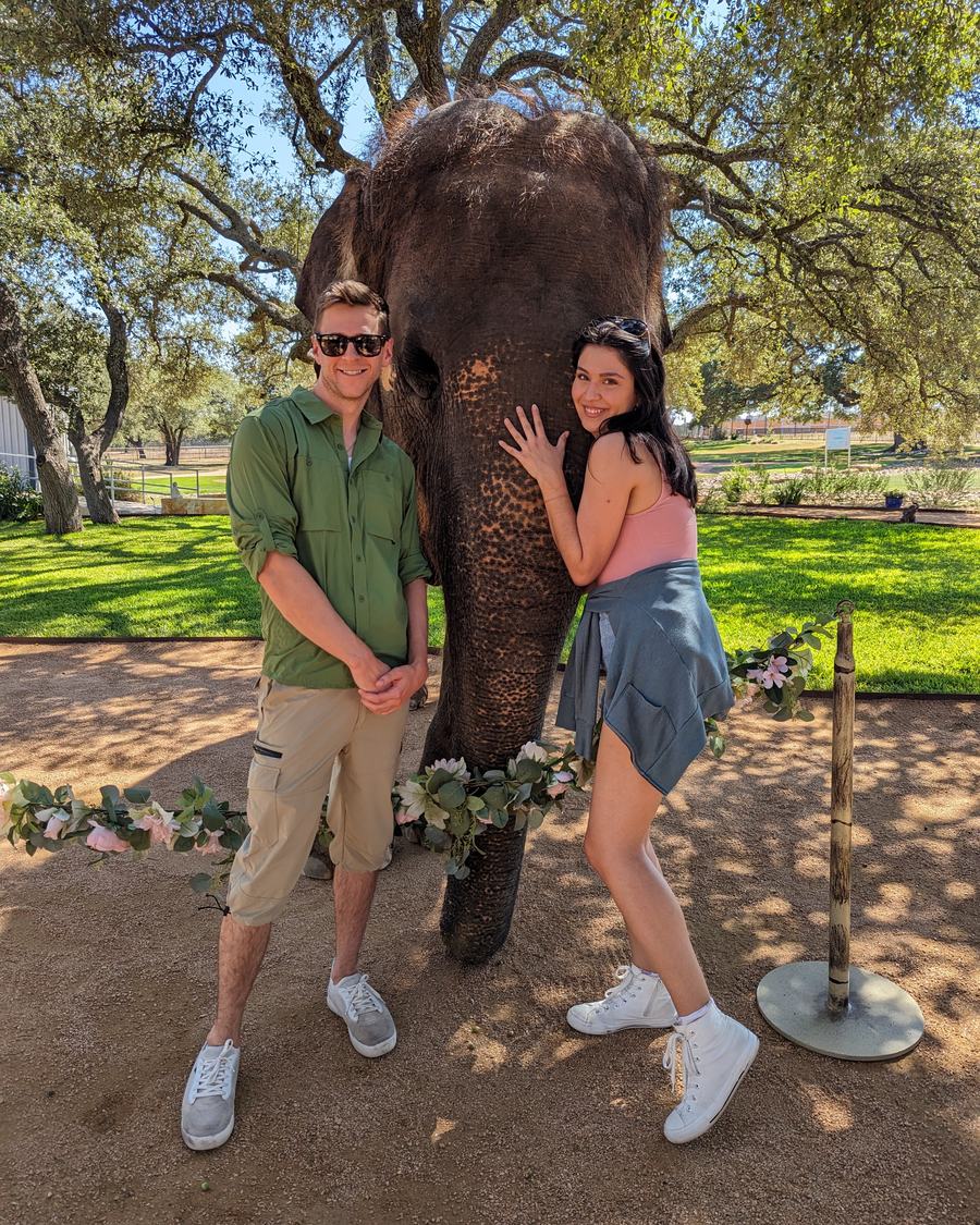 Megan and Tyler posing beside an elephant