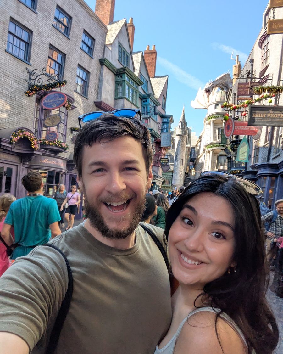 Megan and Tyler on a storybook village street